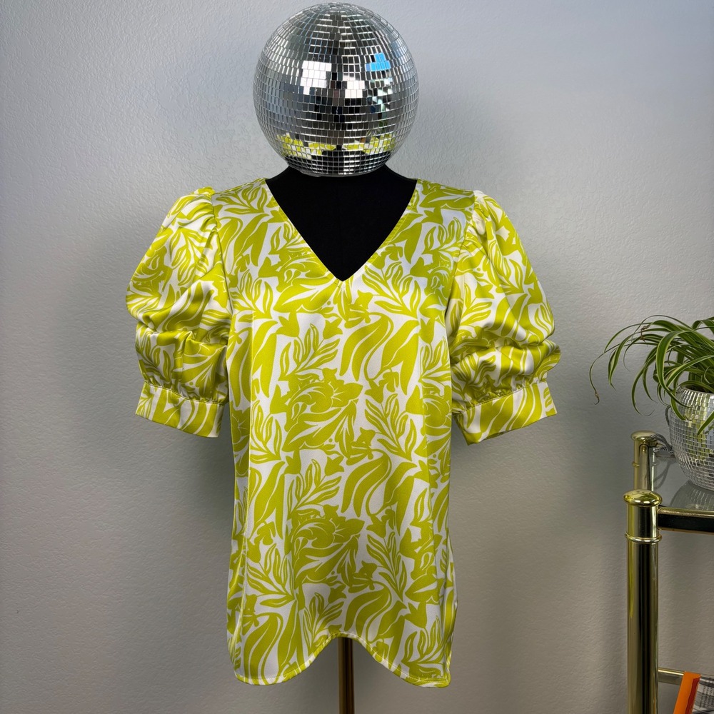 CeCe Yellow White Floral V-Neck Puff Sleeve Blouse - Picture 2 of 13